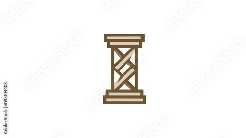 A stylized column with a geometric design, featuring interwoven light brown and darker brown elements