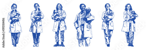 Veterinary doctors holding cats and dogs portraits. Full body pet clinic staff lineup with animals, banner for veterinary services branding. Pencil hand drawn line drawing sketch style.