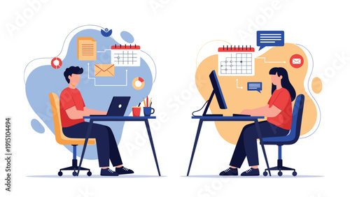 Man and woman working on their computers from separate home offices with calendars and email icons for remote work.
