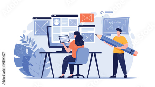 UI UX designers working on a website interface layout using computer screens and tablets with a giant pencil symbolizing creative design processes.