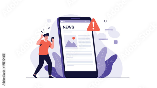 Man looking shocked and stressed while holding a smartphone and seeing a major news alert or warning notification on a giant mobile screen.