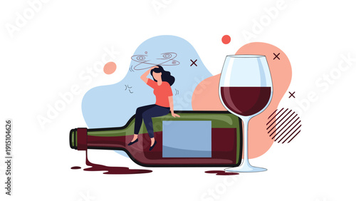 Woman sitting on a large wine bottle looking dizzy and unwell with floating swirls above her head next to a giant glass of red wine.