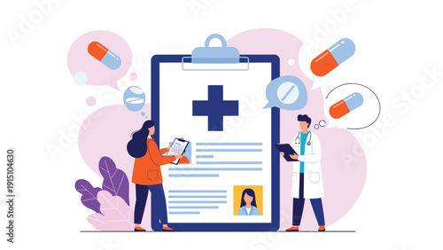 Two medical professionals discussing a giant patient health record clipboard surrounded by floating pills and capsules in a healthcare concept illustration.