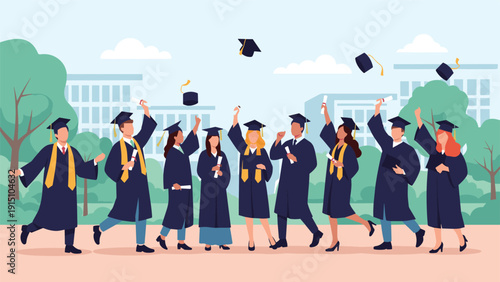 Diverse university students celebrating their graduation ceremony by throwing academic caps into the air in a park with city buildings nearby.