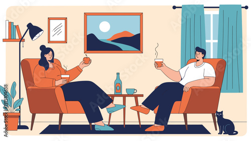 Couple relaxing together in a cozy living room sitting in armchairs drinking coffee and eating snacks while chatting in a peaceful domestic atmosphere.