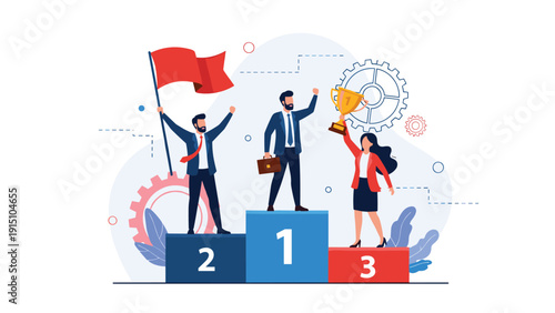 Business team celebrating victory on a competition podium with a golden trophy and a red flag symbolizing corporate success and teamwork achievement.