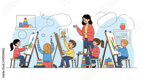 Group of young children in an art class painting on easels under the guidance of a female teacher in a bright and creative classroom environment.