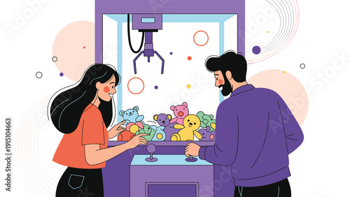 Happy couple playing a teddy bear claw machine together at an arcade or amusement park enjoying their time and trying to win a prize.