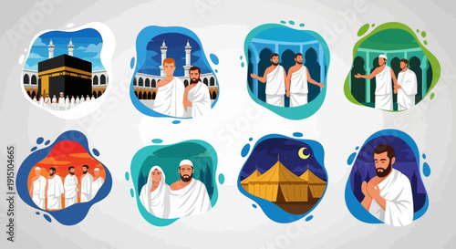 Pilgrims gathered around sacred sites during Hajj rituals depicted in vibrant illustrations