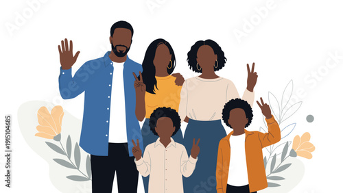 Portrait of a happy and diverse African American family including parents and three children posing together and making peace signs with their hands.