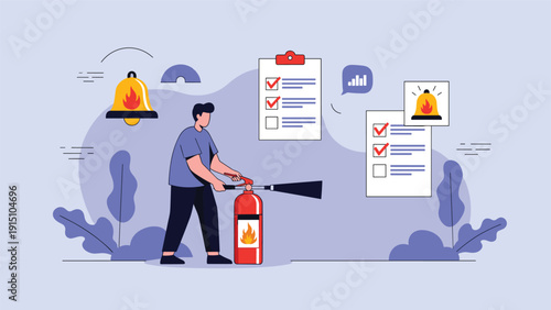 Man using a red fire extinguisher near a large checklist and fire alarm bell icons as part of a workplace safety and emergency preparedness training.