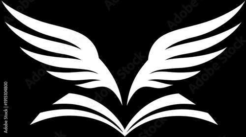 A stark white illustration of stylized wings emerging from an open book against a solid black background