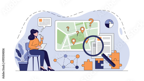 Focused researcher woman sitting and using a magnifying glass to analyze maps and documents for planning a detailed travel route.
