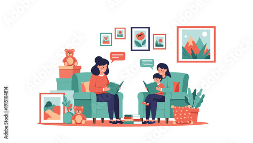 Two women sitting comfortably in armchairs reading books with a small child on a lap in a cozy library or living room filled with pictures and toys.
