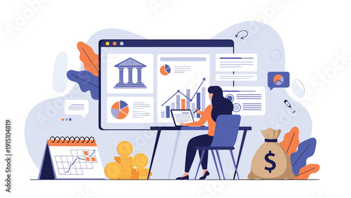 Woman working at a computer desk to manage banking finances and investment portfolios with various charts and monetary symbols.