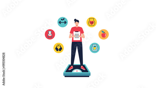 Person standing on a bathroom scale surrounded by icons for exercise and nutrition representing a healthy lifestyle and weight loss.