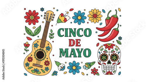 Vibrant Cinco De Mayo Celebration with Guitar and Floral Elements