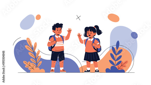 Two happy students wearing school uniforms and backpacks waving goodbye while standing in a friendly and colorful school environment.