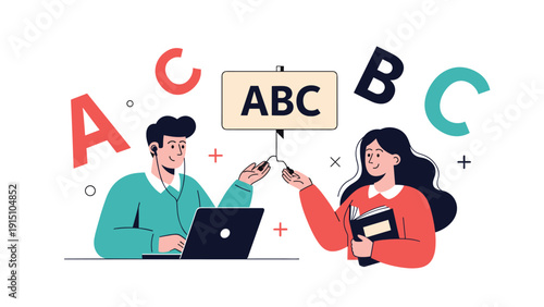 Two students studying the English language together with a laptop and books surrounded by large alphabet letters for education.