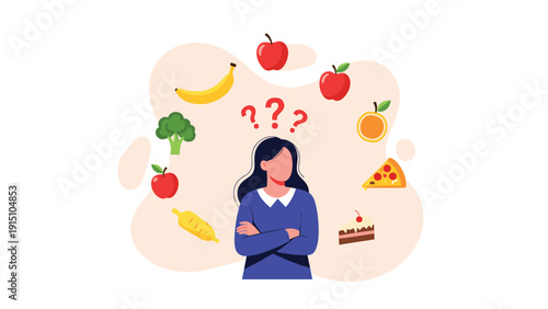 Woman standing and thinking about choosing between healthy fruits and vegetables or junk food like pizza and cake for her diet.