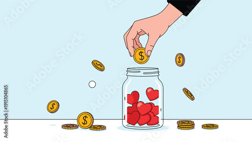 Hand placing a golden dollar coin into a glass jar filled with red hearts representing charity and financial donations for a cause.