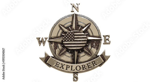 Vintage bronze compass with American flag and explorer banner isolated on transparent background