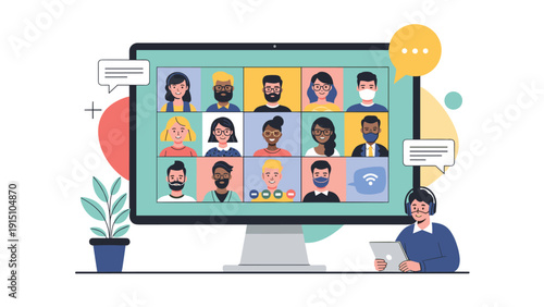 Large group of diverse people participating in a video conference call on a computer monitor for remote work and communication.