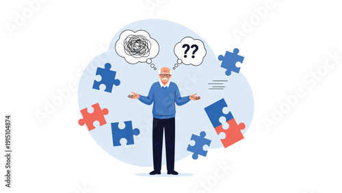 Elderly man feeling confused and shrugging his shoulders while surrounded by floating puzzle pieces and thought bubbles with symbols.