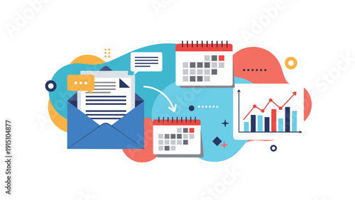 Set of business icons including an open envelope, calendars, and data graphs for office administration and schedule management.