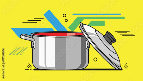Silver cooking pot with a red interior and a lid resting on its side against a vibrant yellow background with geometric shapes.