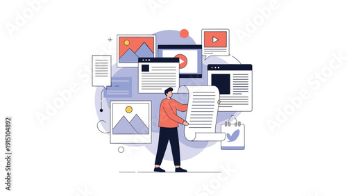 Content manager standing and reviewing a long document surrounded by various digital media icons like photos and video players.