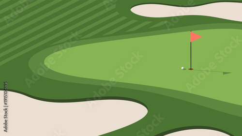 Golf ball sitting next to the hole with a red flag on a green field