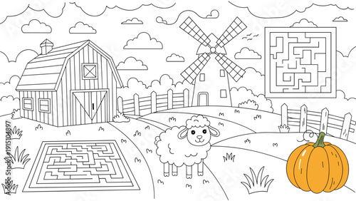 Farm coloring page for children featuring a sheep, barn, windmill, and pumpkin with interactive maze puzzles for educational fun.