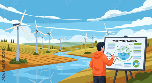 WindWater Synergy Presentation Man Explaining Sustainable Energy Solutions.