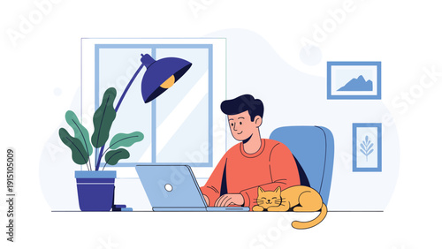 Relaxed freelancer working on laptop computer from home office while pet cat rests comfortably on the desk in a cozy atmosphere.
