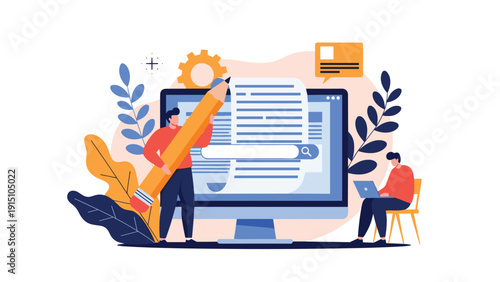 Professional content creators and copywriters working on article editing and search engine optimization using computer technology in office.