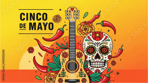 Vibrant Cinco de Mayo Celebration with Guitar and Sugar Skull surrounded by Chili Peppers and Floral Motifs