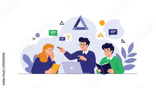 Educational mentoring and corporate coaching session with teacher explaining complex concepts to students using laptop and textbooks.