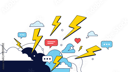 Difficult communication and emotional conflict visualization featuring dark clouds with lightning bolts and social media notification symbols.