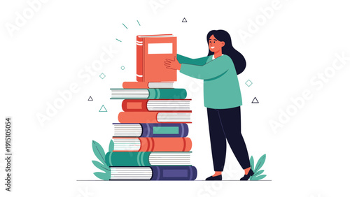 Dedicated student or librarian stacking a large pile of colorful textbooks for academic research and educational knowledge development.