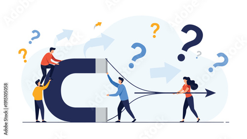 Strategic marketing and lead generation concept with business team using giant magnet to attract and acquire new customers and clients.