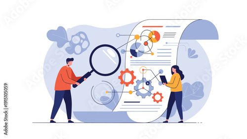 Thorough business audit and document analysis process with professional team examining financial reports and operational data using magnifying glass.