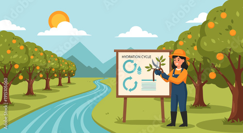 Woman Explaining Botanical Cycle in Orchard with Orange Trees.