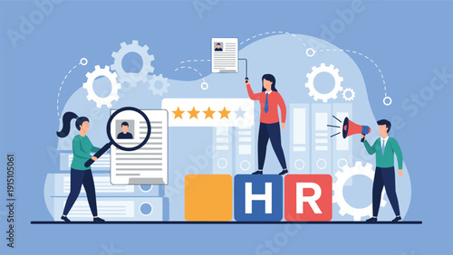 Human resources management and talent recruitment process with professional HR team evaluating job applications and hiring new employees.