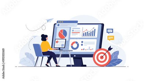 Professional business data analysis and target achievement tracking with female expert monitoring performance metrics on a large computer screen.