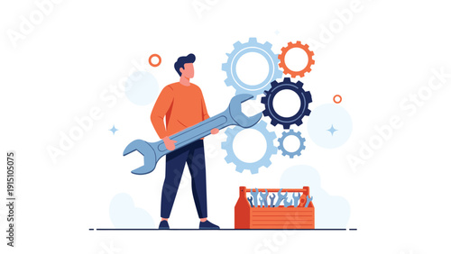 Professional maintenance and technical support services concept with specialist holding giant wrench near mechanical gears and tools.