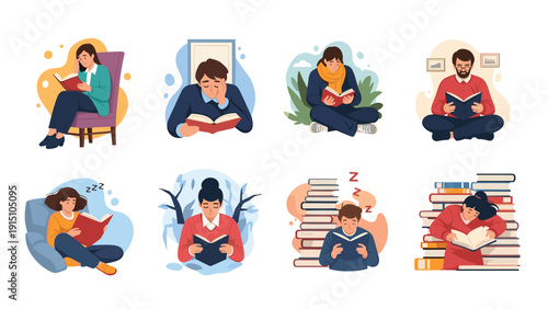 Diverse reading habits and literature appreciation collection featuring people enjoying books in various comfortable indoor and outdoor settings.