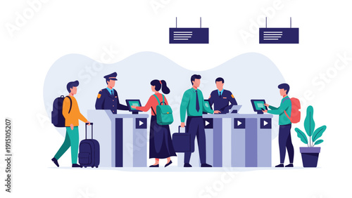 Passengers waiting in line to check in at an airport terminal with staff members at service desks and luggage.