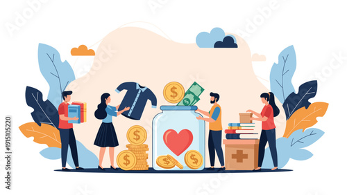 Group of generous people donating money, clothes, and books into a large charity jar with a heart symbol for social help.