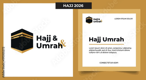Image of Hajj Umrah card template with Kaaba logo and text on a golden background viewed from directly above